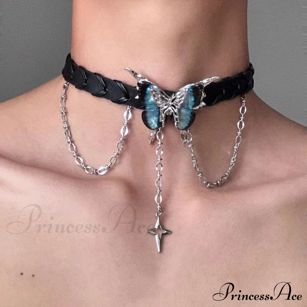 Dark Black Butterfly Star Leather Choker Necklace Halloween