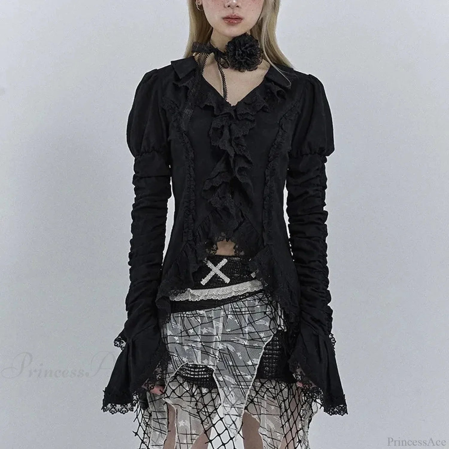 Dark Black Lace Flare Sleeve Shirt