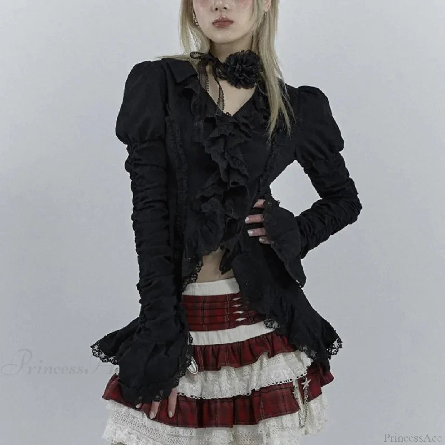 Dark Black Lace Flare Sleeve Shirt Black / S