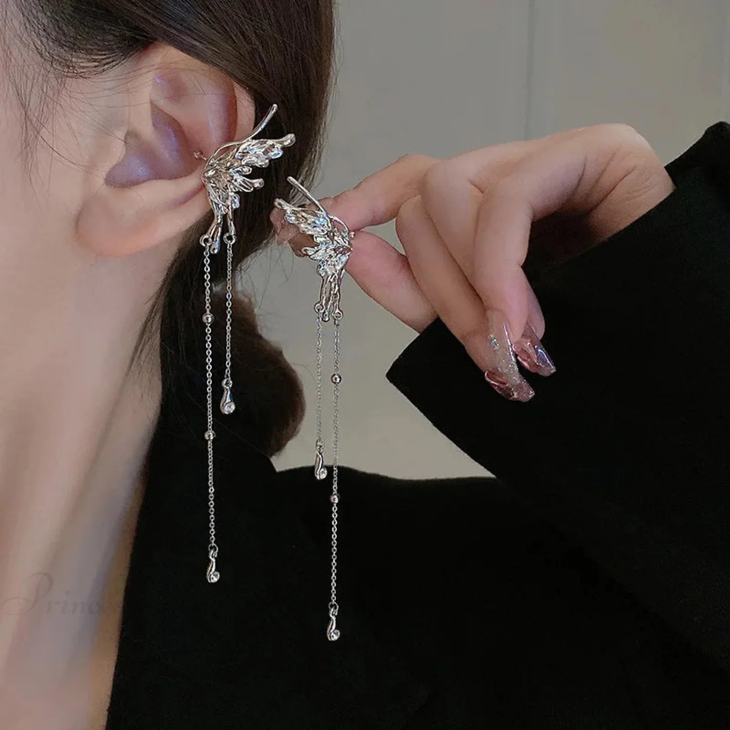 Dark Blossom Fringe Zircon Ear Wrap Earring black2
