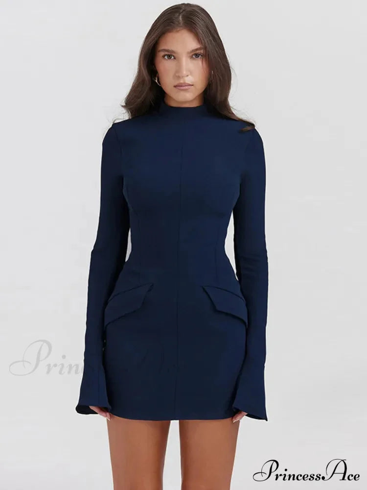 Dark Blue Long Charming Sleeve Bodycon Mini Dress