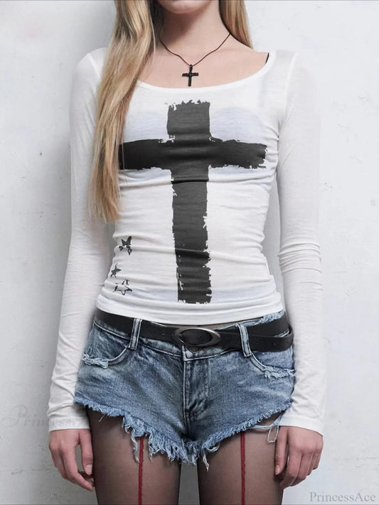 Dark Casual Printed Gothic Slim O-Neck Knit Top WHITE / S knittop-250126