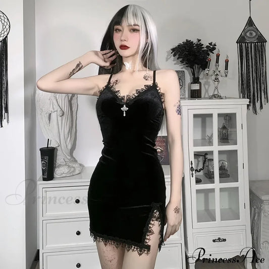 Dark Cross Black Vintage Sexy Spaghetti Strap High Waist Slit Party Club Dress Halloween