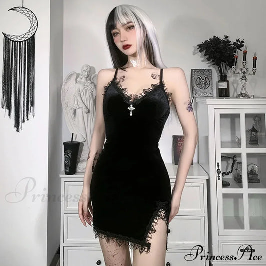 Dark Cross Black Vintage Sexy Spaghetti Strap High Waist Slit Party Club Dress / S Halloween