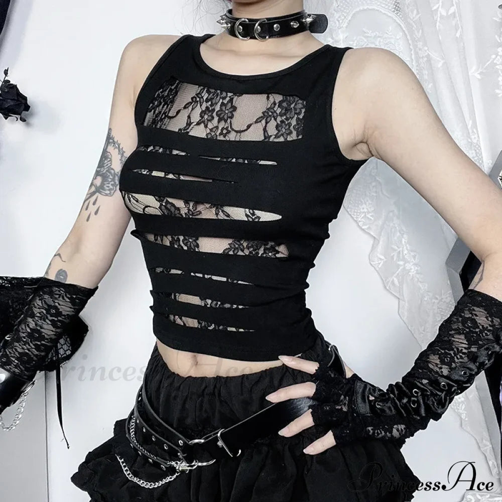 Dark Cut Out Sexy Grunge Punk Mall Gothic Splice Lace Techwear Bodycon Crop Top Black / S Halloween