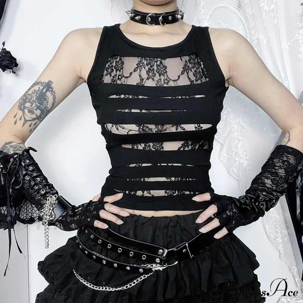 Dark Cut Out Sexy Grunge Punk Mall Gothic Splice Lace Techwear Bodycon Crop Top Halloween