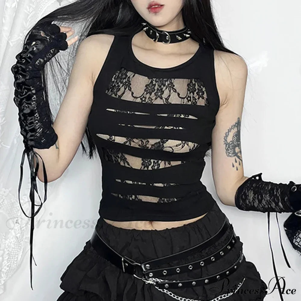 Dark Cut Out Sexy Grunge Punk Mall Gothic Splice Lace Techwear Bodycon Crop Top Halloween