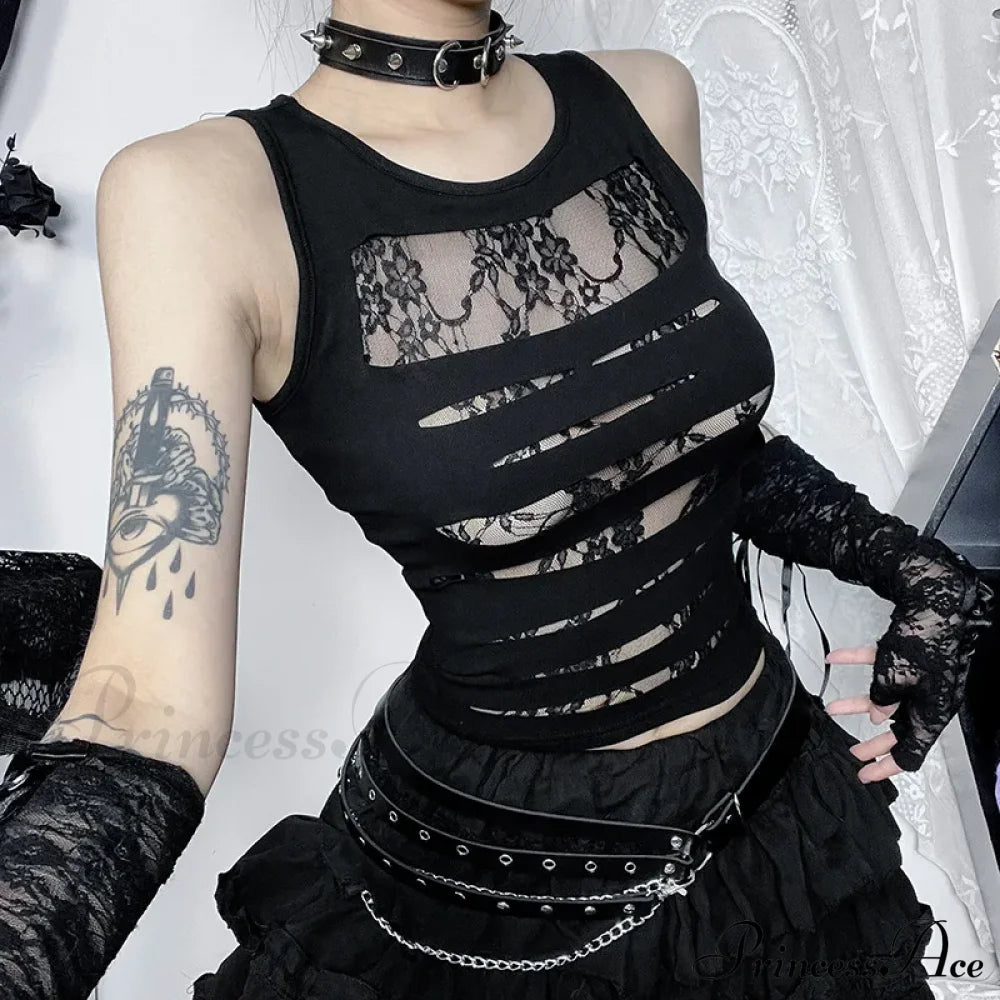 Dark Cut Out Sexy Grunge Punk Mall Gothic Splice Lace Techwear Bodycon Crop Top Halloween