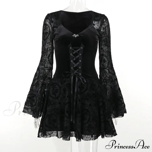 Dark Elegant Vintage Gothic Velvet Dresses Grunge Punk Style Flocked Bandage Flare Sleeve Party