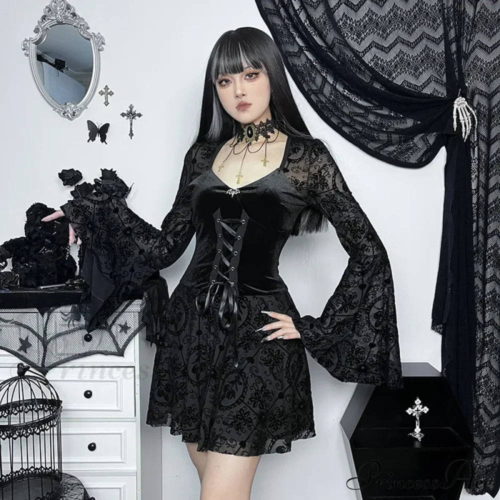 Dark Elegant Vintage Gothic Velvet Dresses Grunge Punk Style Flocked Bandage Flare Sleeve Party