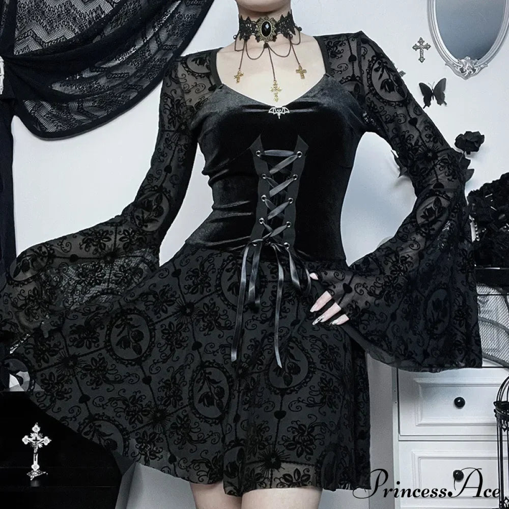 Dark Elegant Vintage Gothic Velvet Dresses Grunge Punk Style Flocked Bandage Flare Sleeve Party