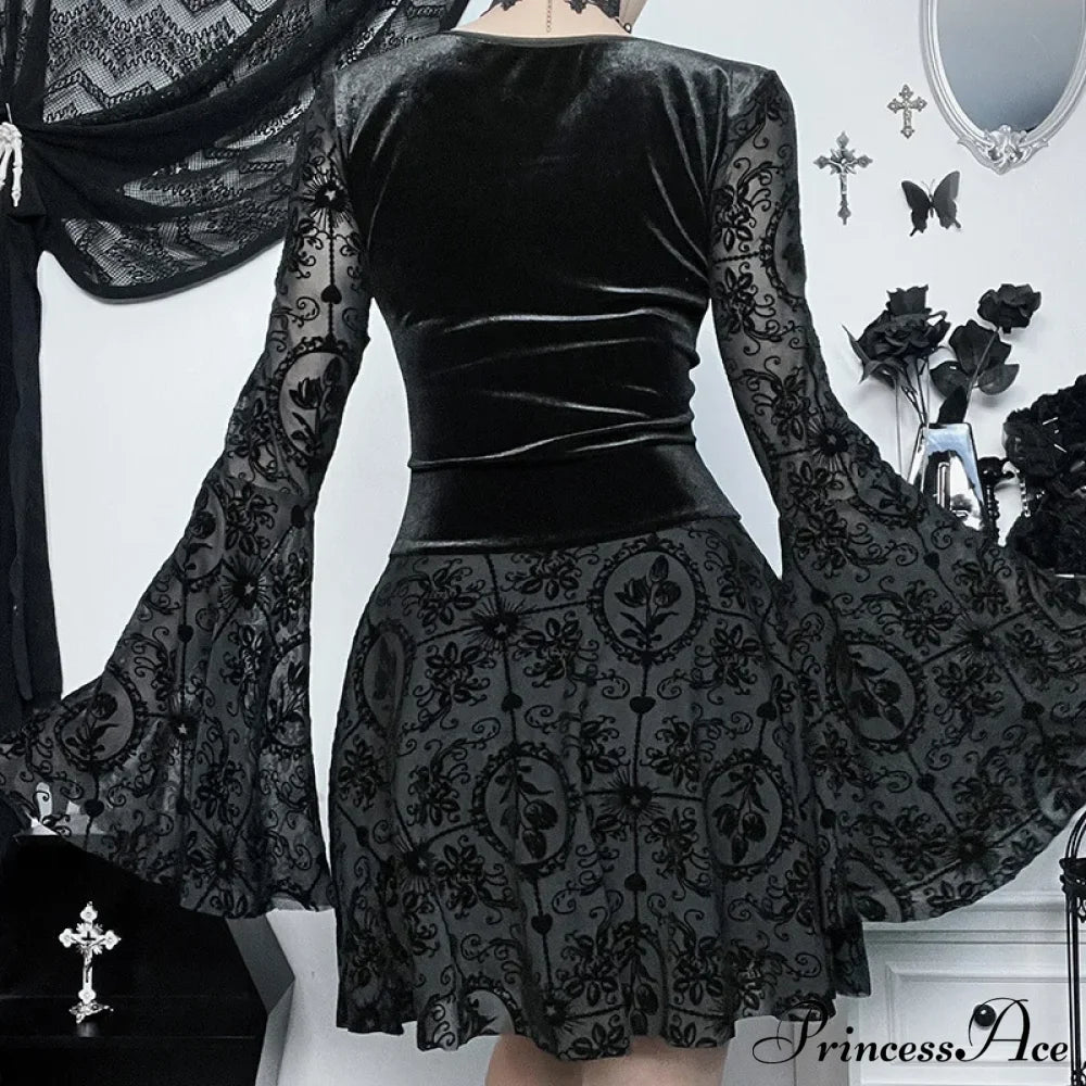 Dark Elegant Vintage Gothic Velvet Dresses Grunge Punk Style Flocked Bandage Flare Sleeve Party