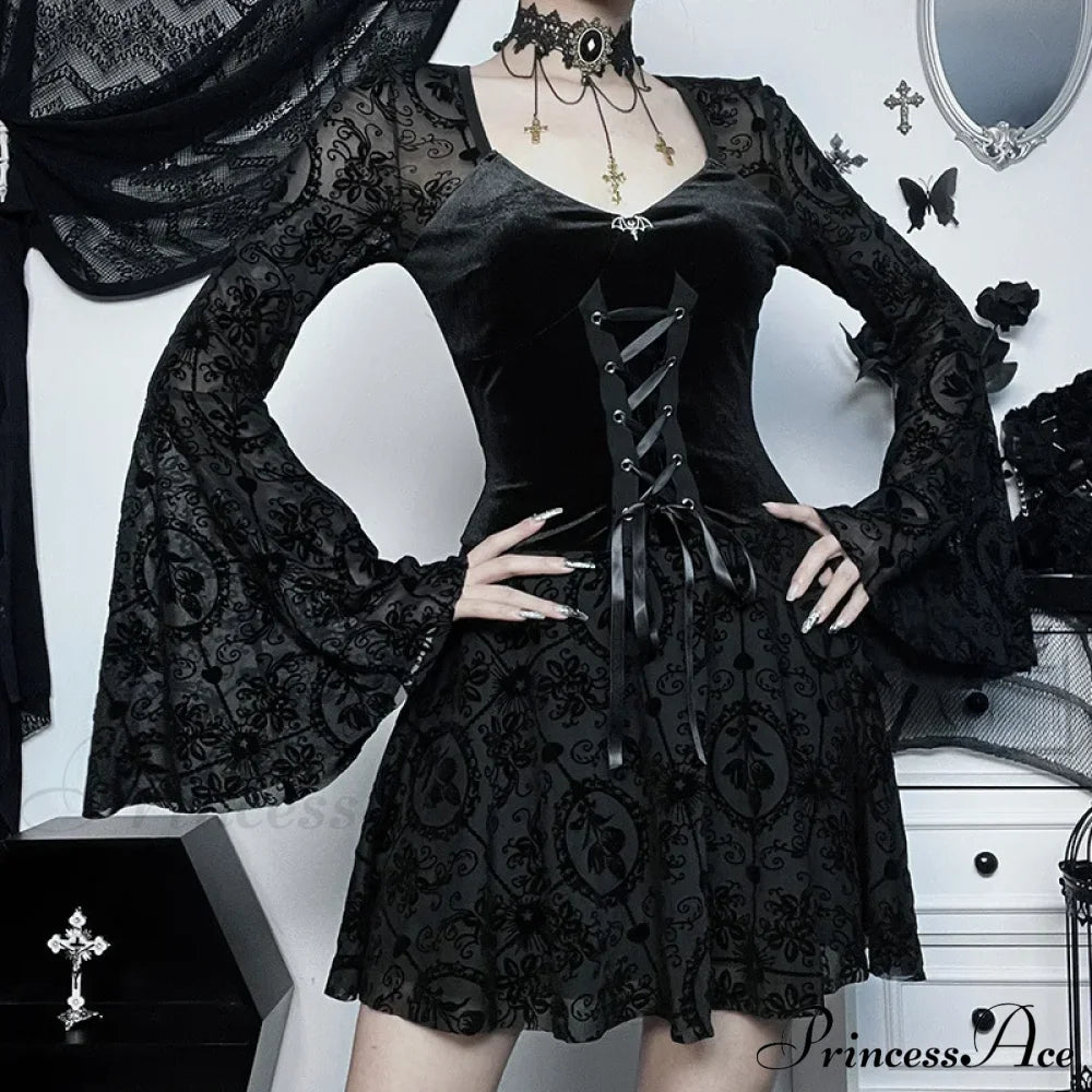 Dark Elegant Vintage Gothic Velvet Dresses Grunge Punk Style Flocked Bandage Flare Sleeve Party