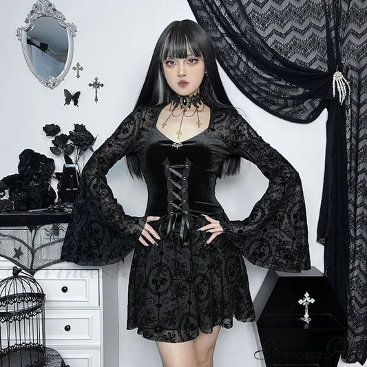 Dark Elegant Vintage Gothic Velvet Dresses Grunge Punk Style Flocked Bandage Flare Sleeve Party