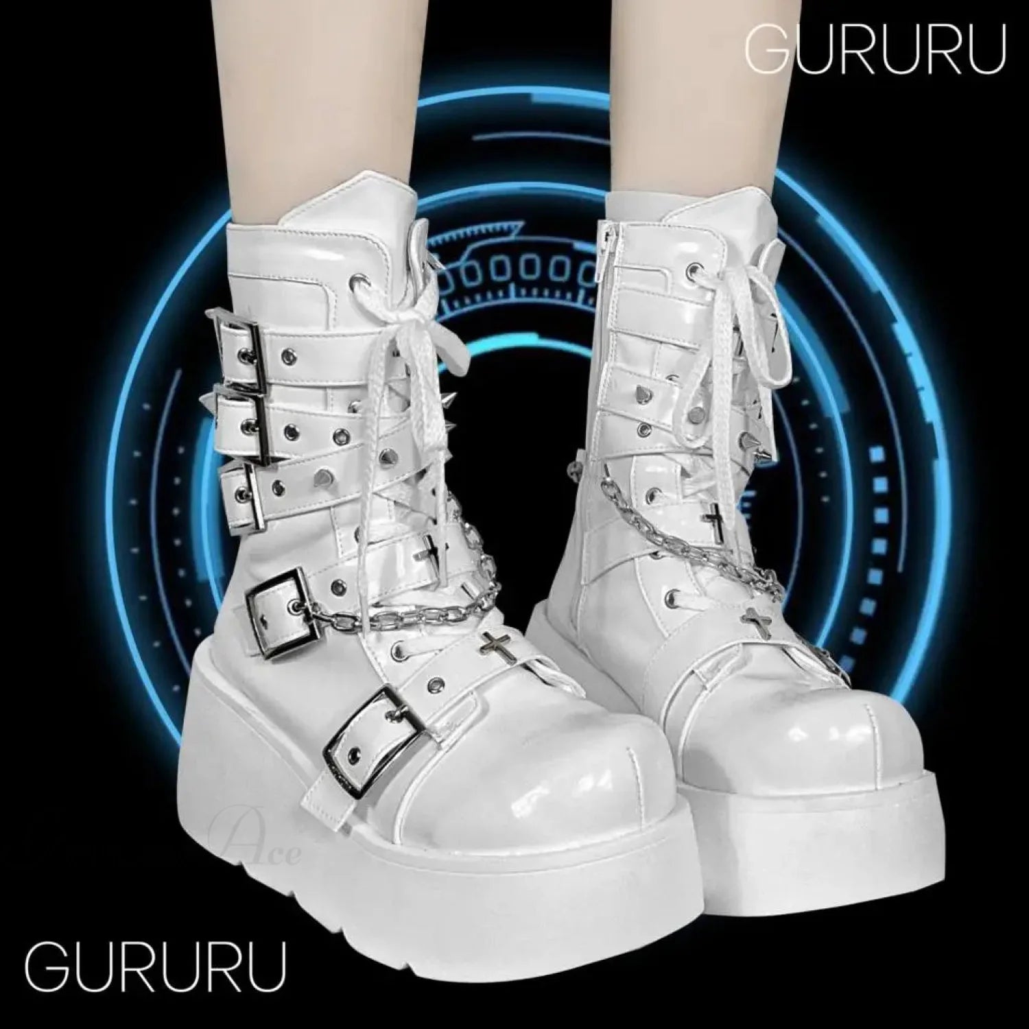 Dark FOX Platform Gothic Fight Boot white mid calf C / 5