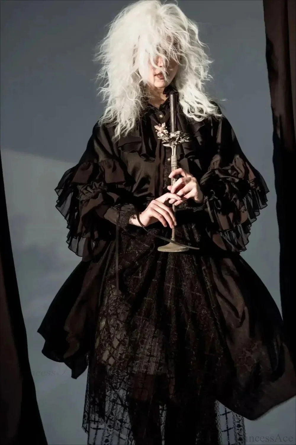 Dark Frill Batwing Sleeve Top Black / S