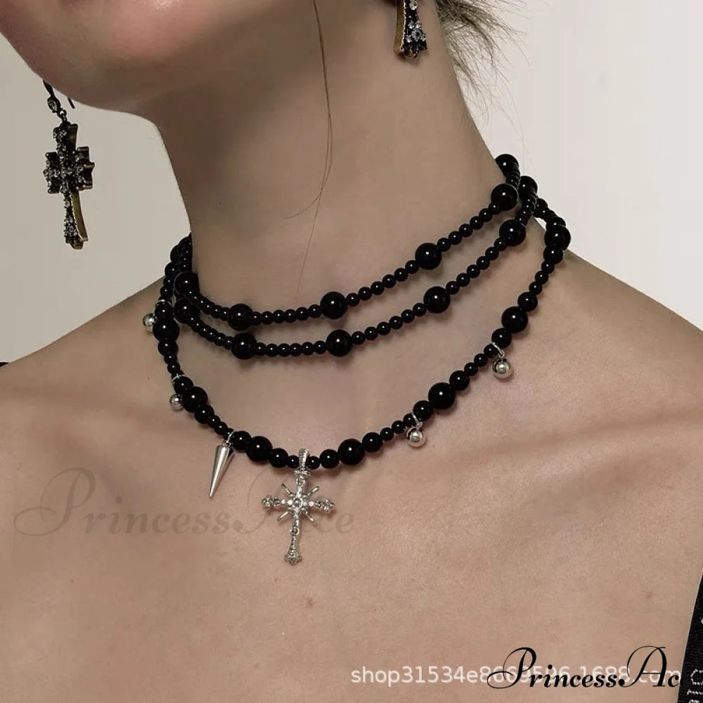 Dark Gothic Cross Beaded Multi-Layer Sweater Necklace Halloween