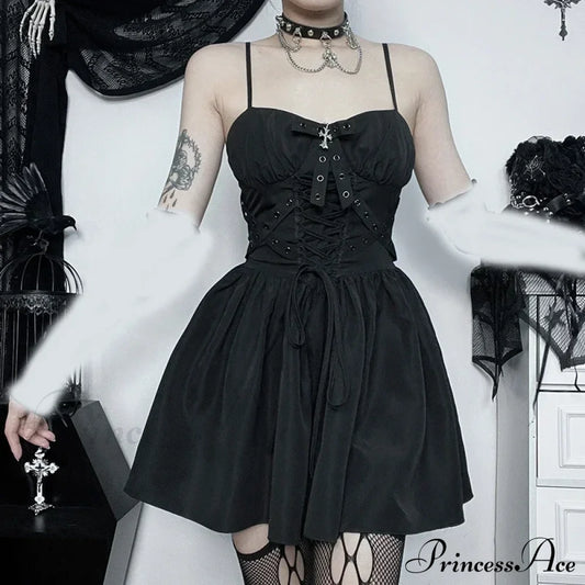 Dark Gothic Spaghetti Strap Elegant Grunge Ruched Bandage Punk Steampunk Dress Black / S Halloween