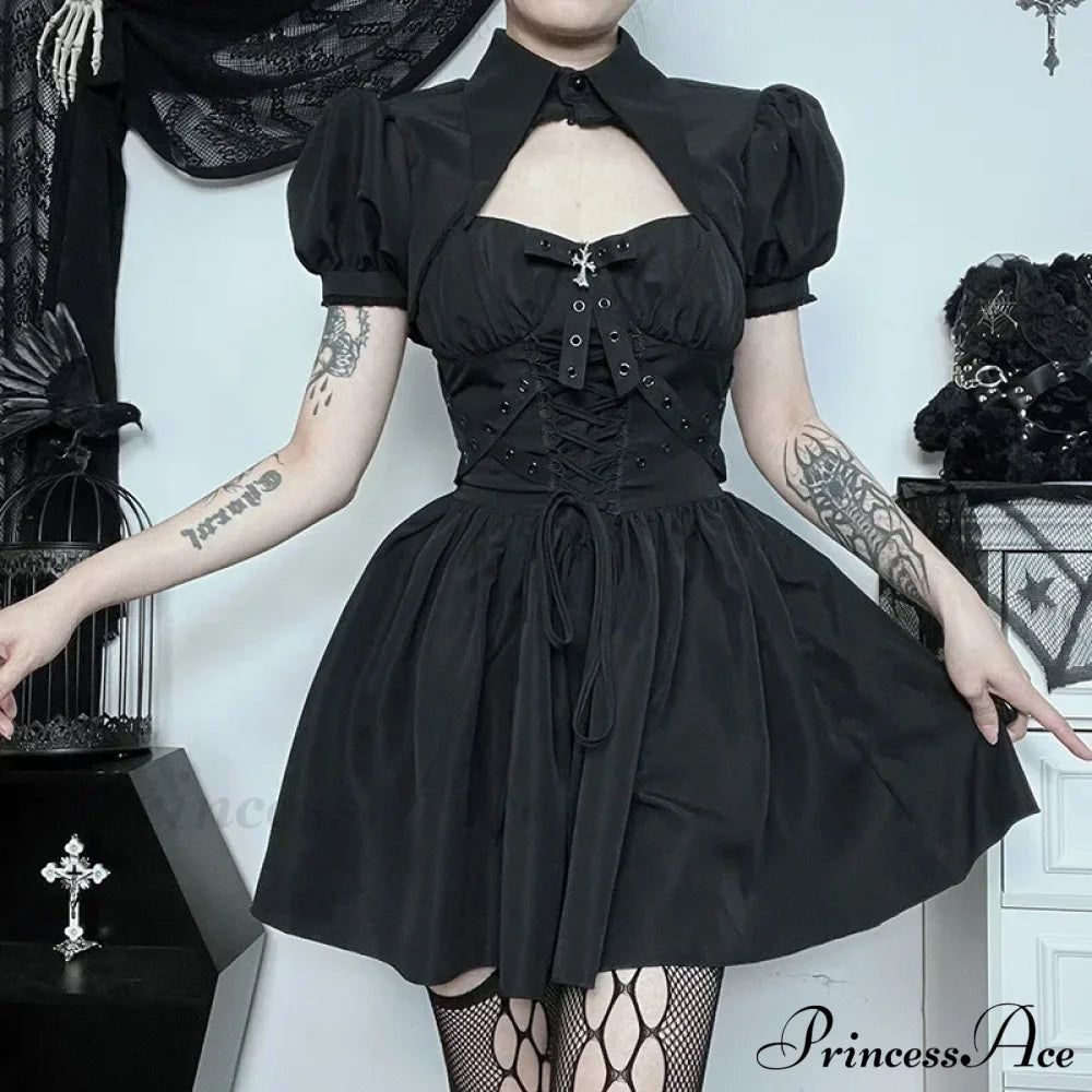 Dark Gothic Spaghetti Strap Elegant Grunge Ruched Bandage Punk Steampunk Dress Black Top Set / S