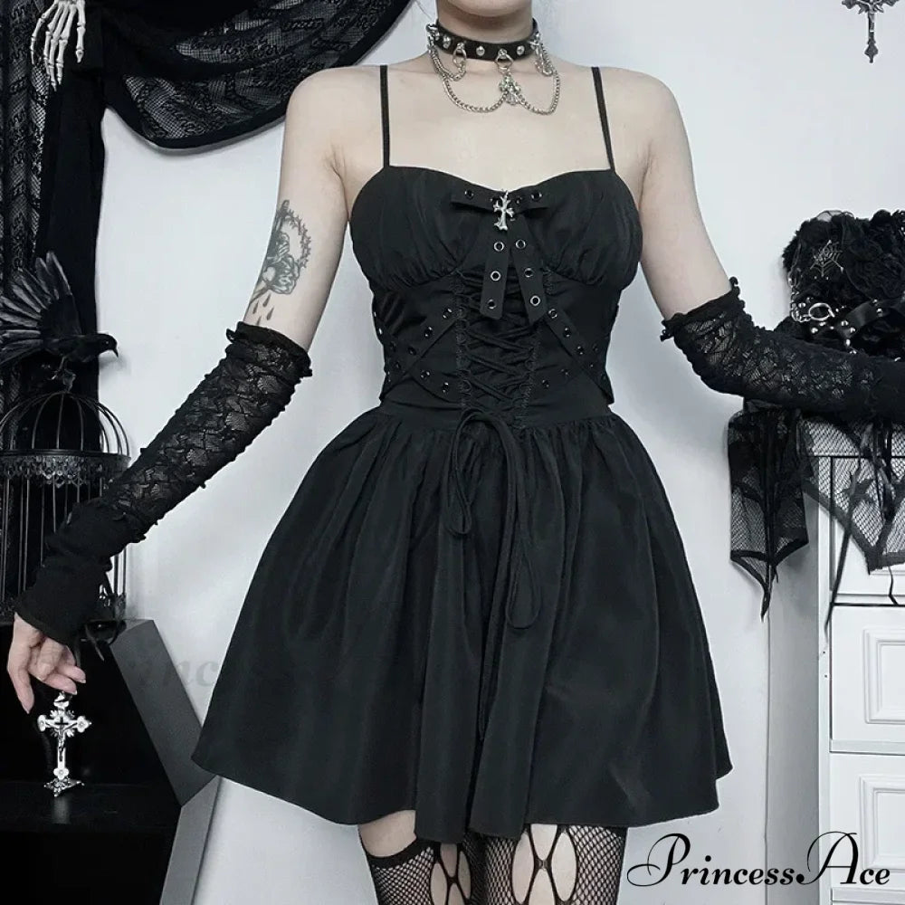 Dark Gothic Spaghetti Strap Elegant Grunge Ruched Bandage Punk Steampunk Dress Halloween