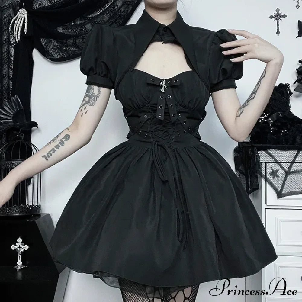 Dark Gothic Spaghetti Strap Elegant Grunge Ruched Bandage Punk Steampunk Dress Halloween