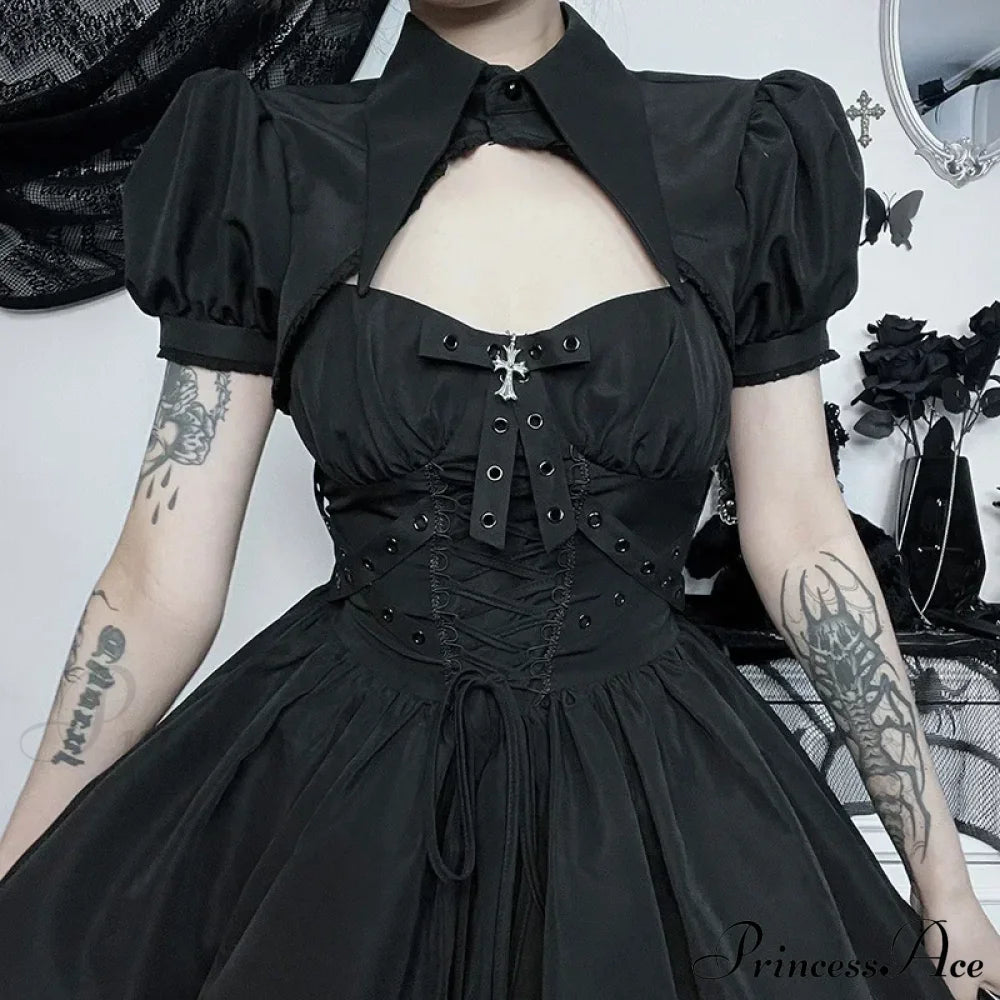 Dark Gothic Spaghetti Strap Elegant Grunge Ruched Bandage Punk Steampunk Dress Halloween