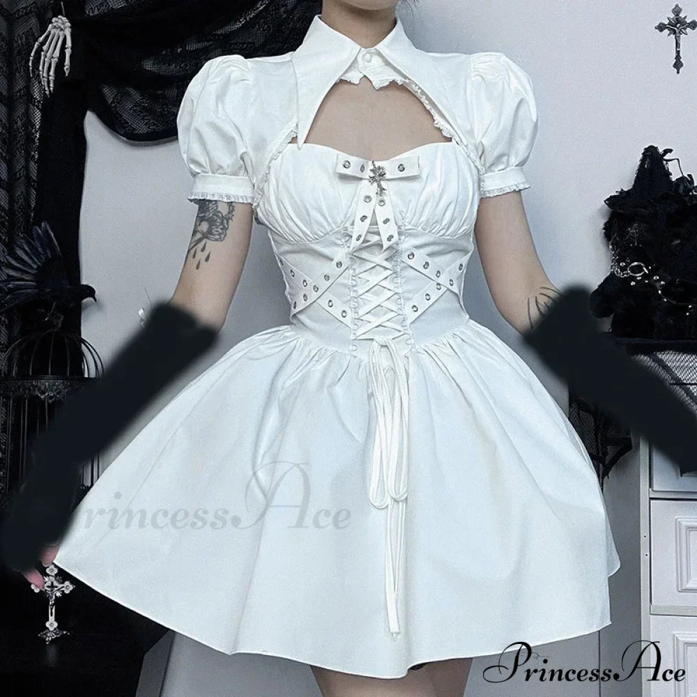 Dark Gothic Spaghetti Strap Elegant Grunge Ruched Bandage Punk Steampunk Dress White Top Set / S