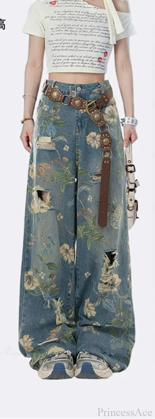Dark Graphic Torn Denim Trouser Blue / S