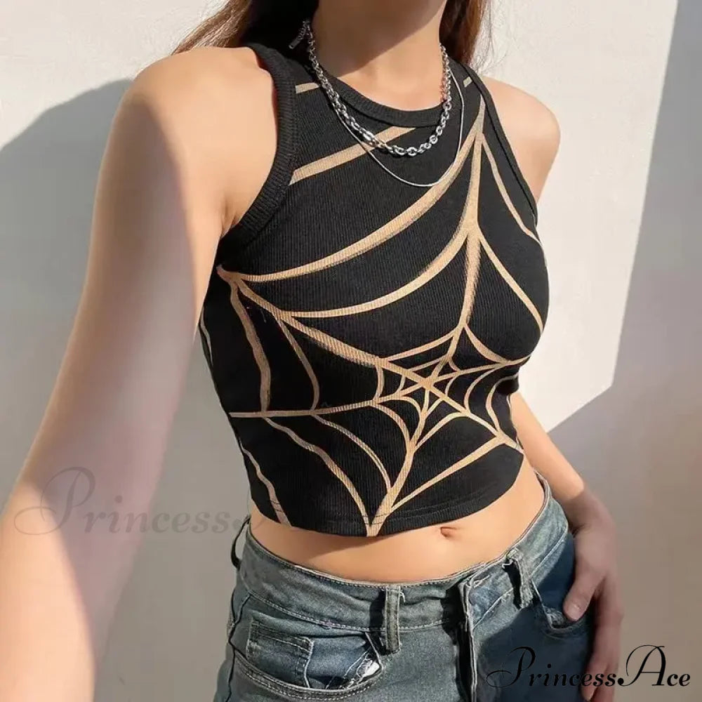 Dark Grunge Spider Web Gothic Graphic Crop Top Black / S Halloween