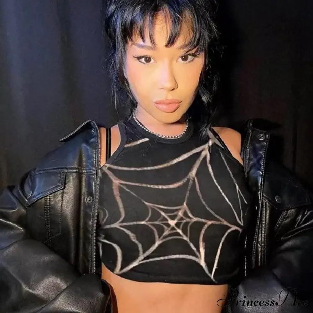 Dark Grunge Spider Web Gothic Graphic Crop Top Halloween