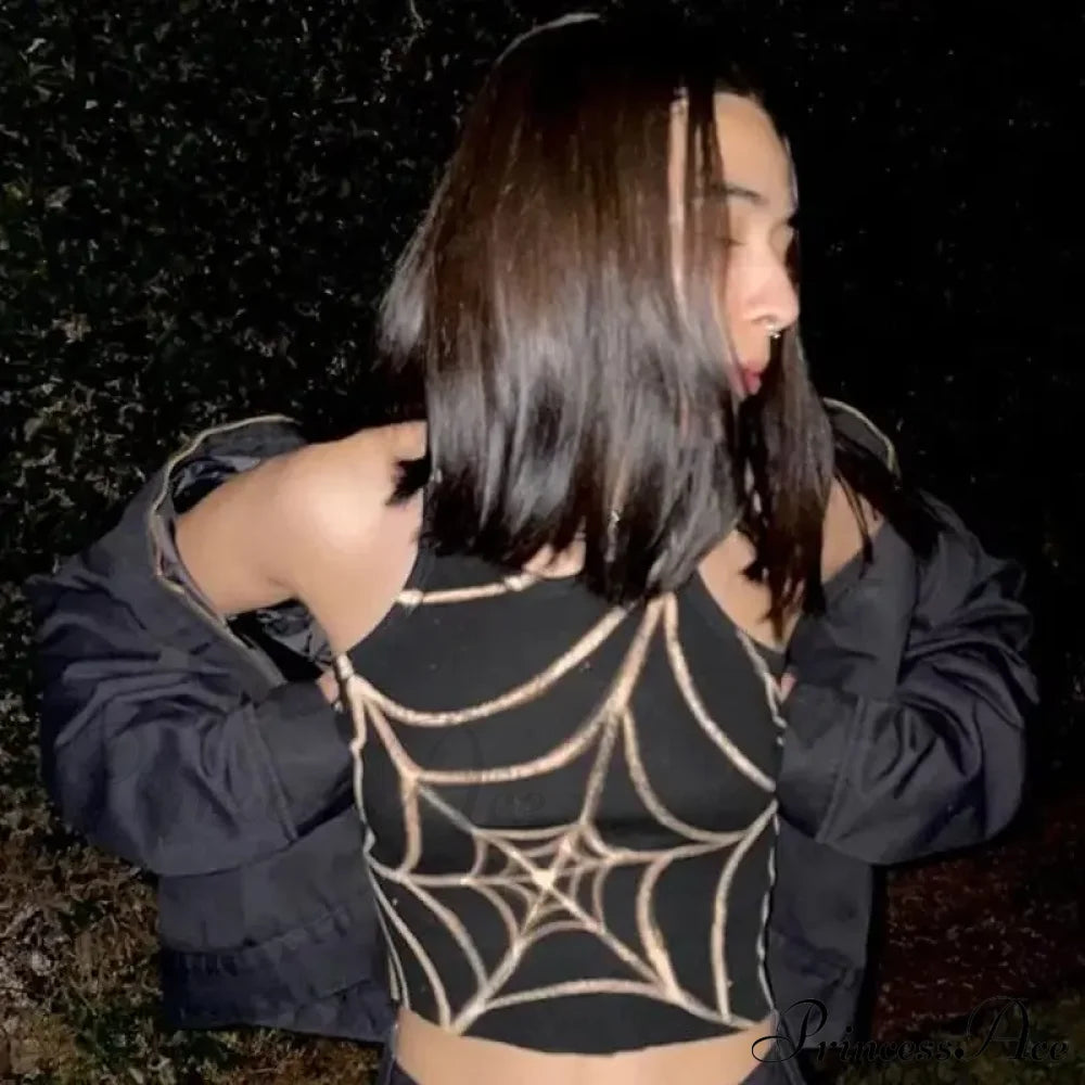 Dark Grunge Spider Web Gothic Graphic Crop Top Halloween