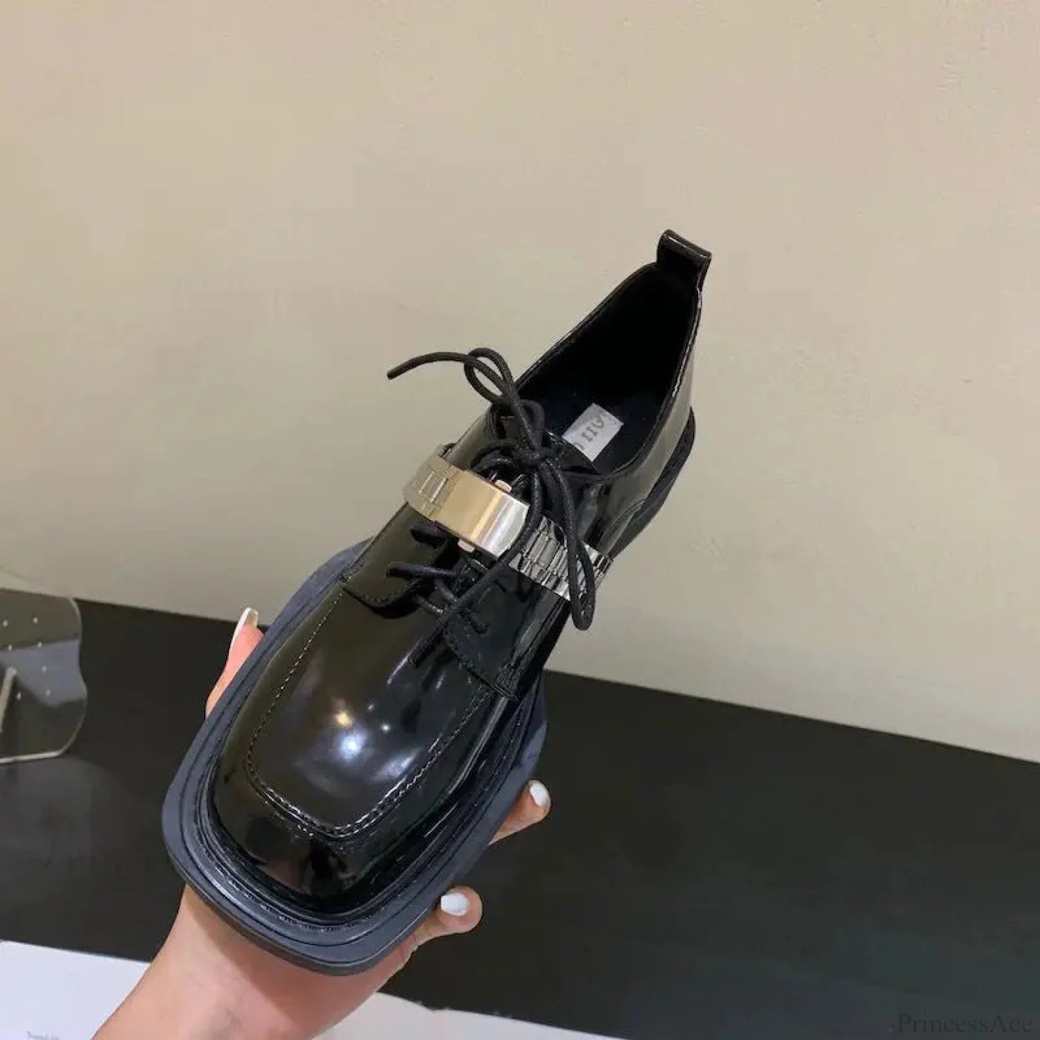 Dark Leather Chunky Sole Sneaker Black shiny leather / 35