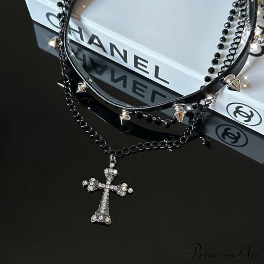 Dark Leather Rivet Cross Double Layered Necklace Black Halloween