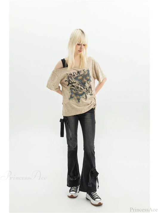 Dark Medieval Ribbon Flare Denim Trouser Black / S