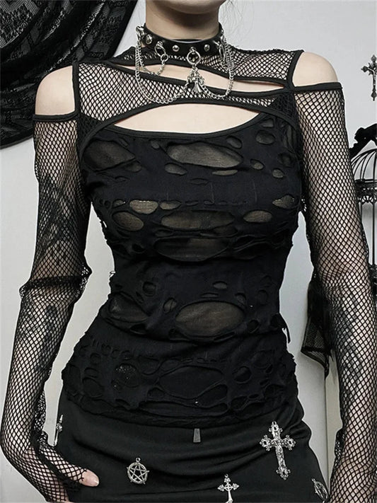 Dark Mesh Imitation Neck Transparent Blouse Black / S