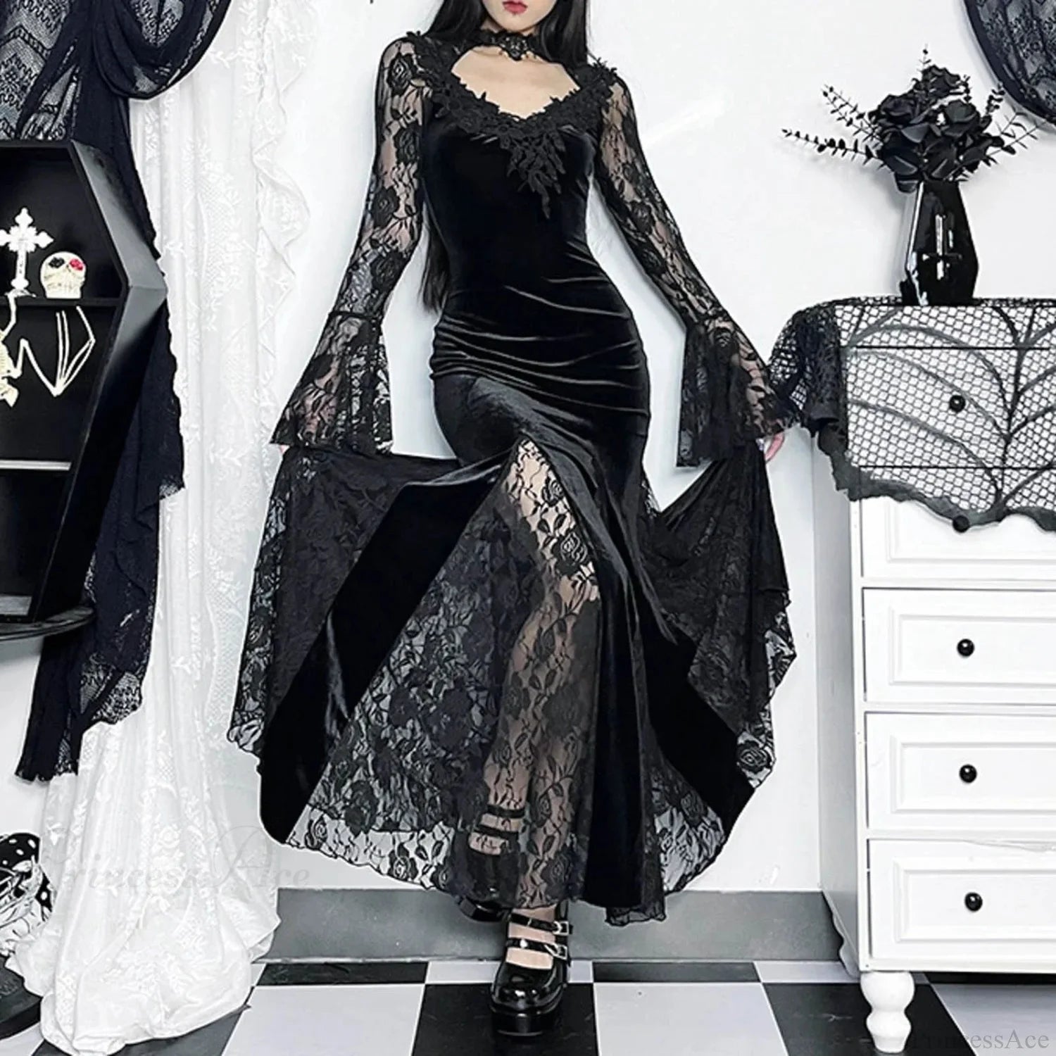 Dark Plaid Elegant Short Long Dress Black / S