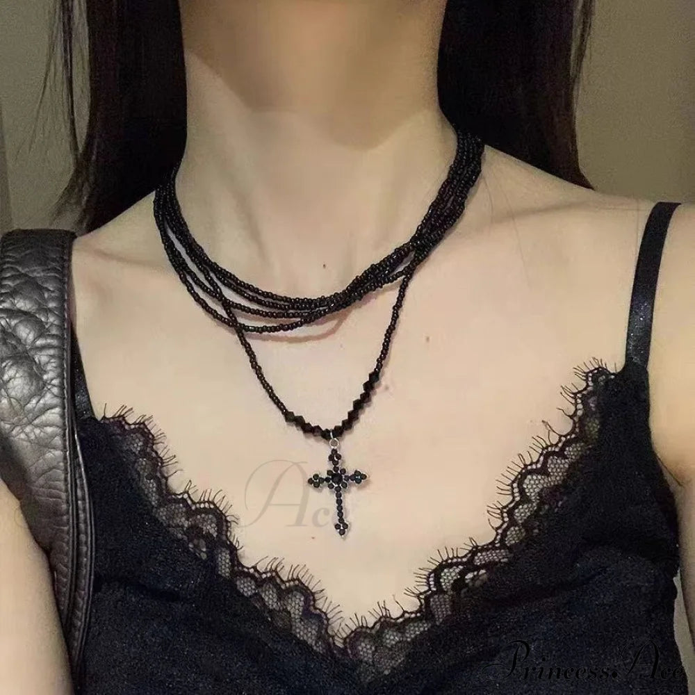 Dark Princess Cross Layered Sweet Cool Punk Beaded Personality Necklace Halloween