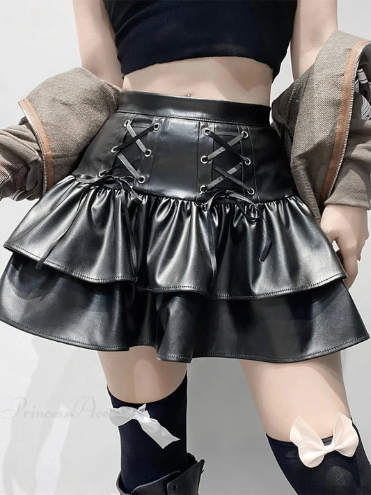 Dark PU Pleated Leather Skirt Black / S
