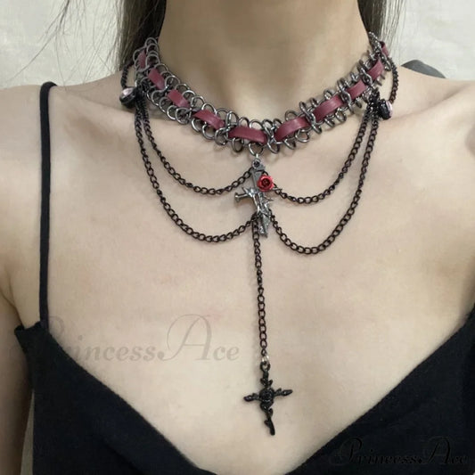 Dark Punk Heart Flower Cross Layered Necklace Halloween