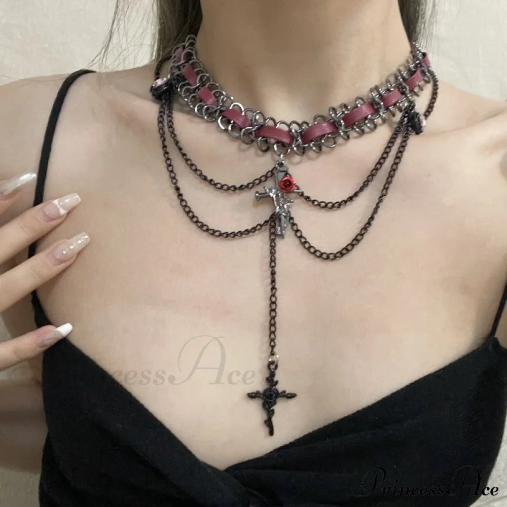 Dark Punk Heart Flower Cross Layered Necklace Halloween