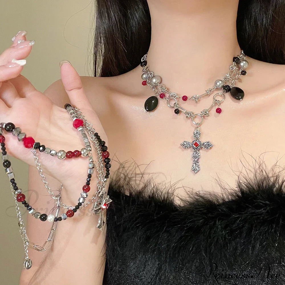 Dark Punk Layered Cross Sweet Cool Beaded Personality Necklace Halloween