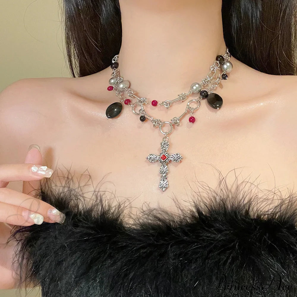 Dark Punk Layered Cross Sweet Cool Beaded Personality Necklace Halloween