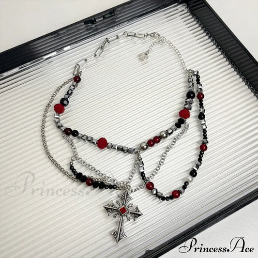 Dark Punk Layered Cross Sweet Cool Beaded Personality Necklace Silver Halloween