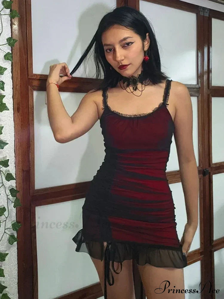 Dark Red Double Mesh Drawstring Ruched Sleeveless Mini Bodycon Vintage Aesthetic Dress Halloween