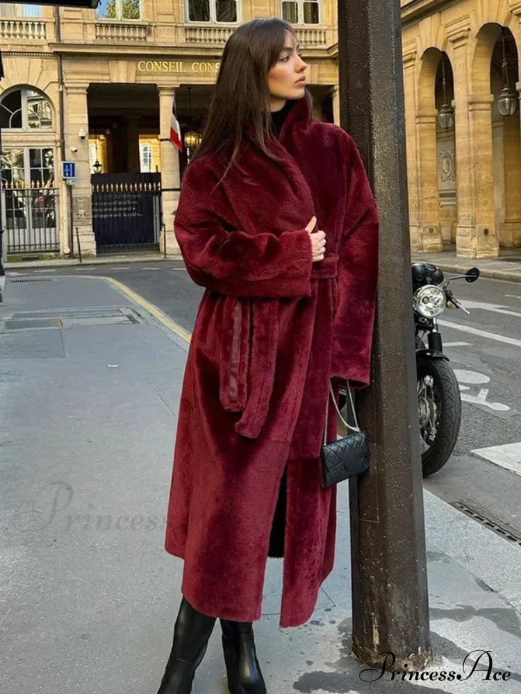 Dark Red Sheepskin Belted Coat Coats-241208