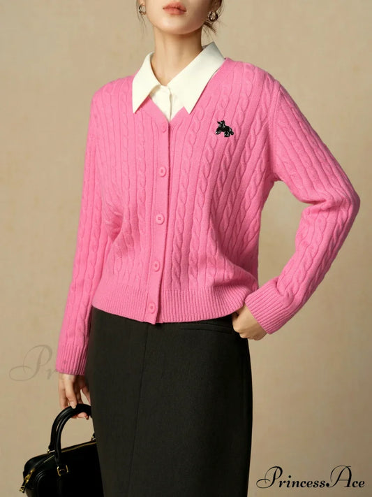 Dark Red Wool V-Neck Cable Cardigan Pink / M Cardigan-241208