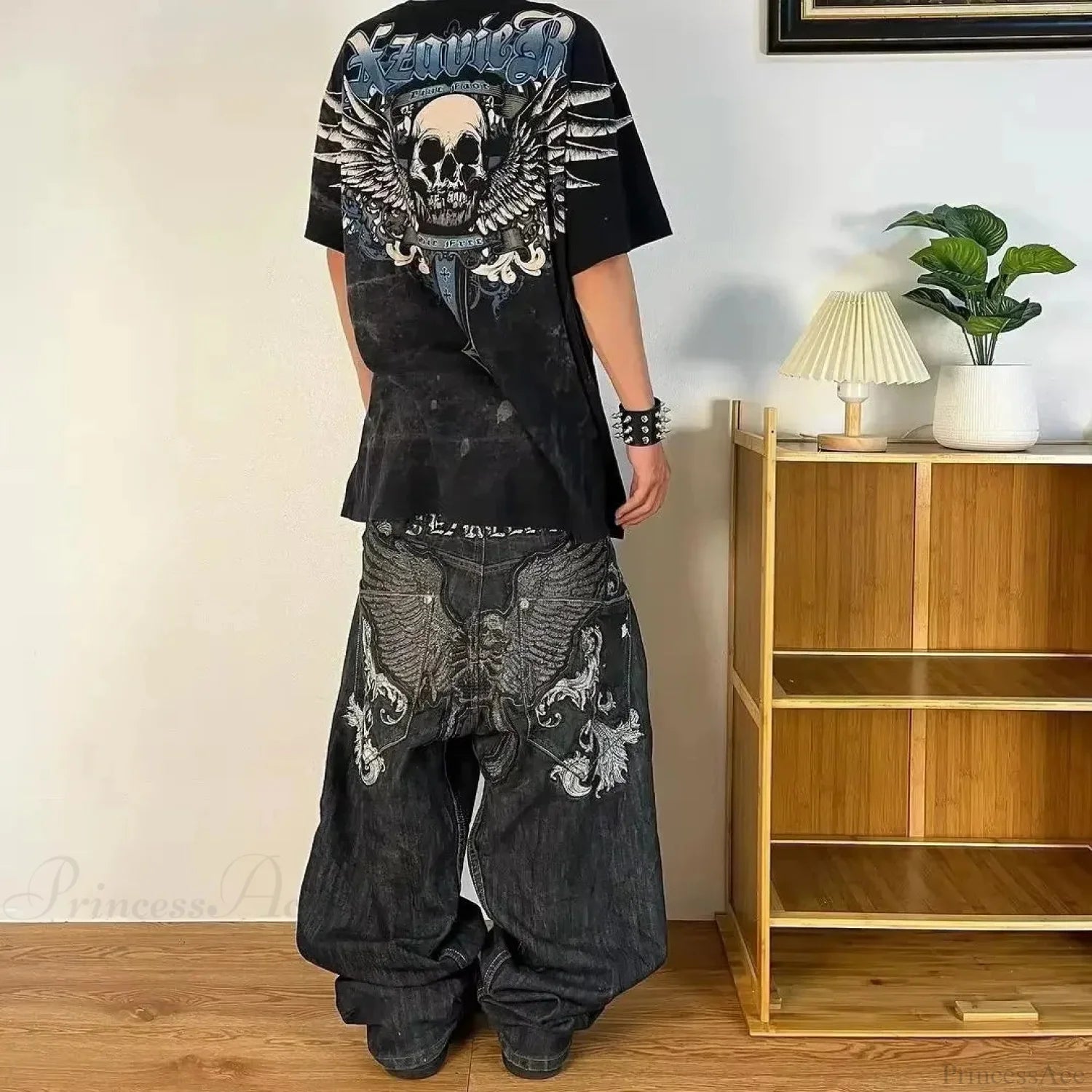 Dark Skull Print Tall Waist Pant Blue / S