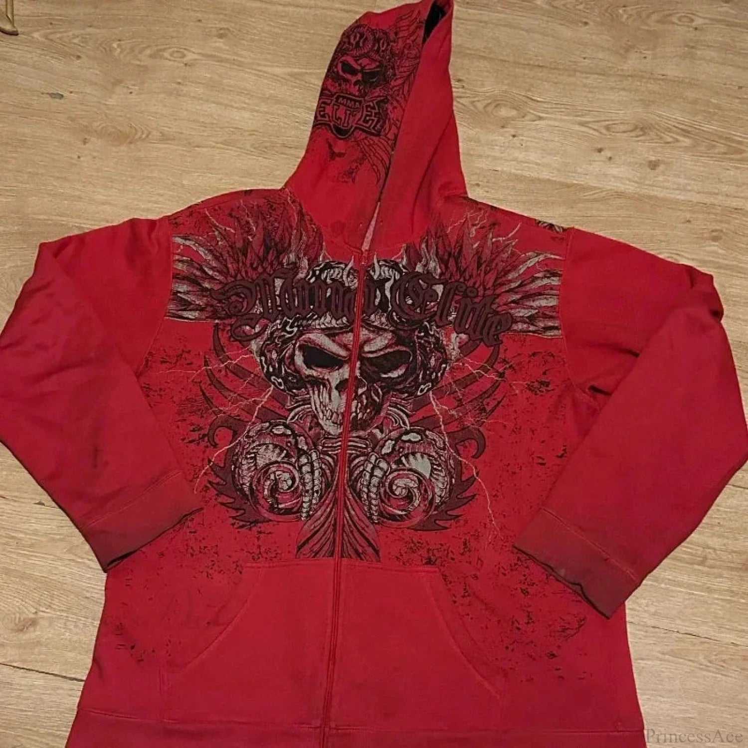Dark Skull Print Zip Hoodie red / S