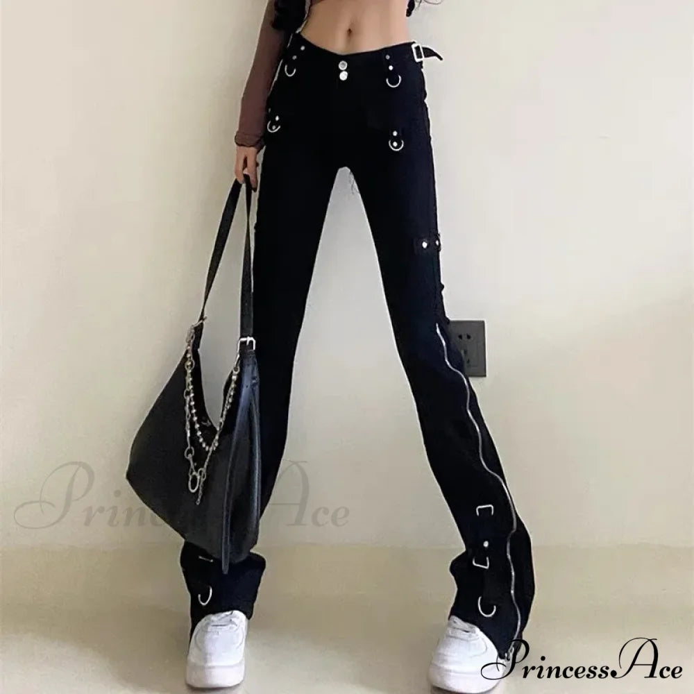 Dark Streetwear Ankle Zipper Slim Y2K Flare Halloween Pants