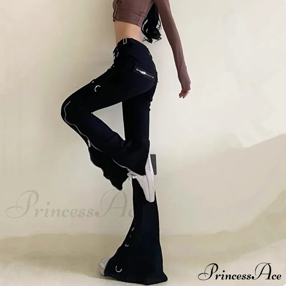 Dark Streetwear Ankle Zipper Slim Y2K Flare Halloween Pants